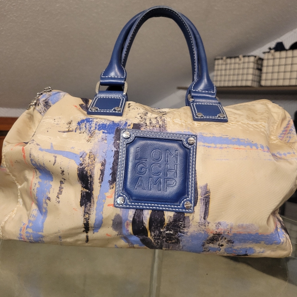 Longchamp Blue and Cream Satchel with Structured Design